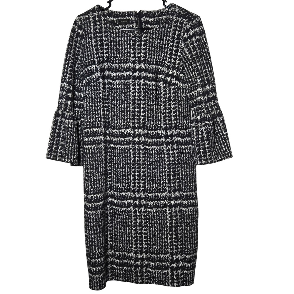 Talbots Plaid Knit Bell Sleeve Sheath Mini Dress 4 Preppy Office Mod Classic